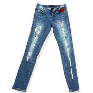 Womens Distressed Plaid Patch Skinny Jeans Size 7 Embellished